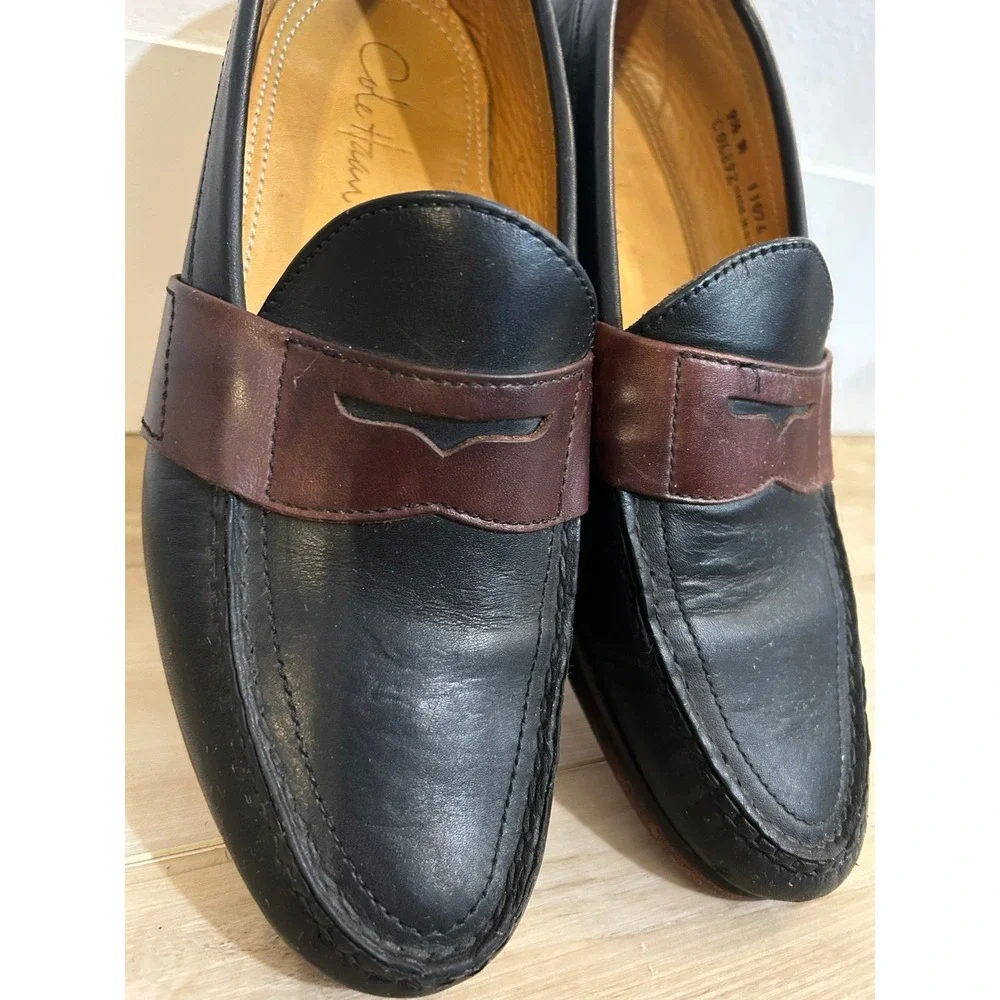 Cole Haan Mens Black‎ Brown Leather Penny Loafer Shoes 9.5 Slip-Ons Minimalist